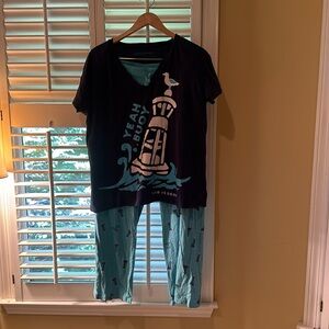 Large life is good pajama set of pants and V-neck top blue and teal lighthouse